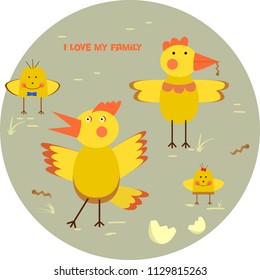 Set of cartoon chickens on a gray background