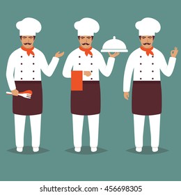 Set Cartoon Chief Cook Character. white restaurant profession uniform. Modern Flat Design Vector Illustration