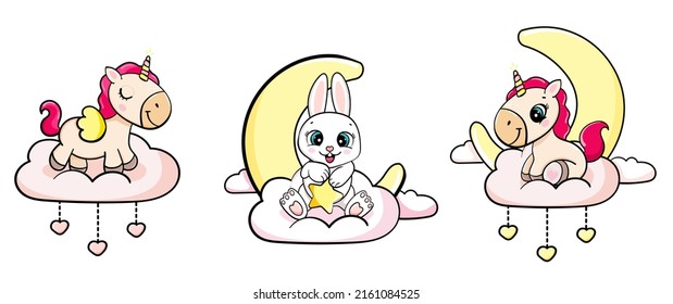 set cartoon child unicorn and bunny with star on the clouds under the moon. greeting card vector isolated sticker.
