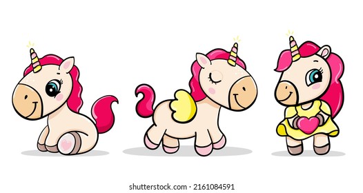 set cartoon child unicorn sits and holds heart, congratulates on holiday. greeting card vector isolated sticker for girls.
