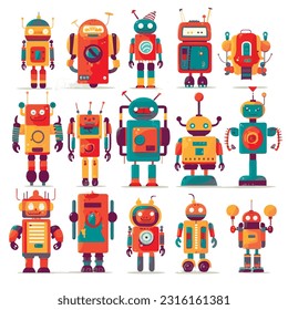 Set of cartoon childish robots wave hand, say hello. Cyborgs, retro, futuristic modern bots, android in flat vector illustration isolated on white background.