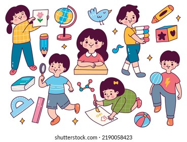 Set of Cartoon Children Activity in School in Doodle Style Vector Illustration