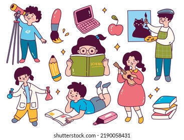 Set of Cartoon Children Activity in School in Doodle Style Vector Illustration