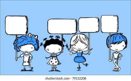 set cartoon children with banners