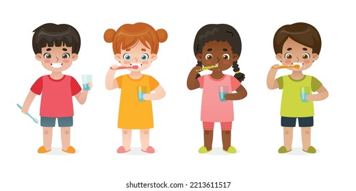 Set of cartoon children brush their teeth. Dental hygiene children. Diverse kids take care of their teeth.