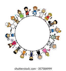 Set Cartoon Children in costumes of different professions and white circular background