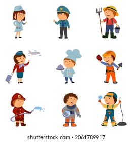 a set of cartoon children of different professions, vector isolated on a white background.