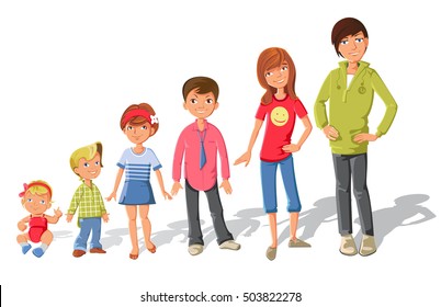 Set of cartoon children girls and boys with different dress growth and age with shadows flat vector illustration