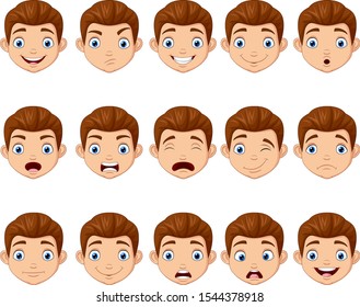 Set of cartoon children head with different face expressions