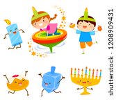 Set of cartoon children and holiday symbols for Hanukkah