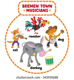 Set of cartoon or children illustrations of funny Bremen Town Musicians, cat, dog, rooster and donkey