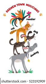 Set of cartoon or children illustrations of funny Bremen Town Musicians, cat, dog, rooster and donkey, each stand on the back of another animal. From a german fairy tale