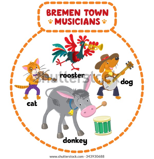 おかしなブレーメンタウンミュージシャン 猫 犬 鶏 ロバの絵を描いた漫画や子ども向けのイラストセット のベクター画像素材 ロイヤリティフリー