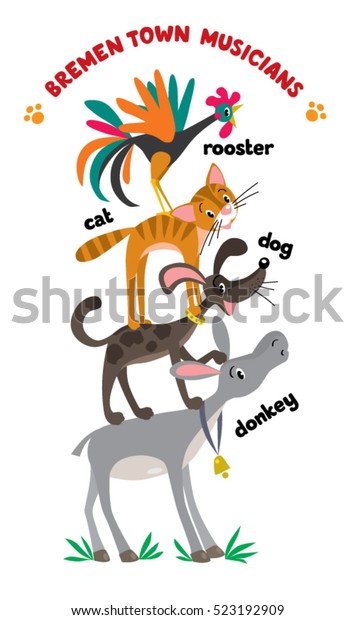 おかしなブレーメンタウンミュージシャン 猫 犬 鶏 ロバの絵を描いた漫画や子ども向けのイラストが それぞれ別の動物の背に立っている ドイツのおとぎ話から のベクター画像素材 ロイヤリティフリー