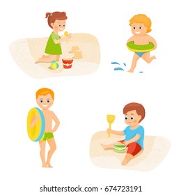 Set of cartoon children on the beach. Boy and girl are playing in the sand. The boy with the inflatable circle is running.Isolated on white backgriond.Cartoon style.Vector illustration.