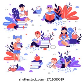 Set of cartoon children reading books, sketch vector illustration isolated.