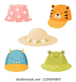 Set of cartoon children s summer hats. Collection of hats for boys and girls from the sun.