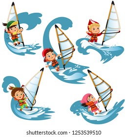 Set of cartoon children sailing on swim on waves