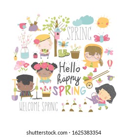 Set of cartoon children and spring elements