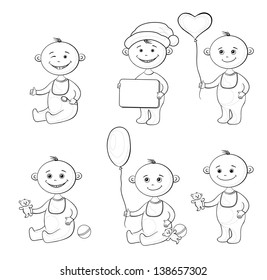 Set cartoon children with toys, balloons and signs, black contour on white background. Vector