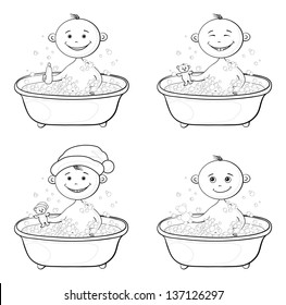 Set cartoon children washing in a bath: in Santa hat, with teddy bears and shampoo, black contour. Vector