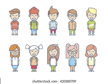 Set cartoon children's characters in flat style with stroke on a white background