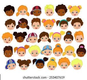 Set of cartoon children's faces. Cartoon child face icon
