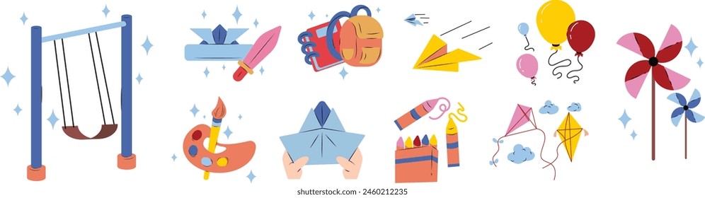 Set of Cartoon Children's Toy Illustrations. Cartoon and Handdrawn Style Children's Day