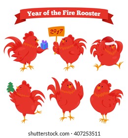 Set of cartoon chinese zodiac fire rooster isolated on white background. Vector illustration for happy new year 2017 greeting card. Flat red cock bird icons. Fun rooster stick decoration concept