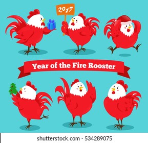 Set of cartoon chinese zodiac fire rooster. Vector illustration for holiday design. 2017 New year symbol. Red color. China lunar decoration. Oriental sign. Traditional cock. Crowing chicken bird.