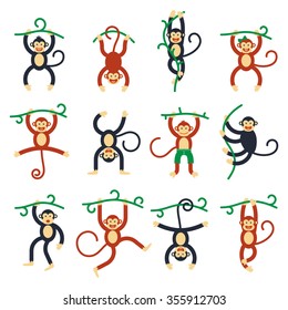 Set Cartoon Chinese Zodiac Monkey - 2016 New Year Symbol. Vector illustration.