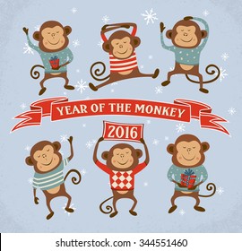 Set of Cartoon Chinese Zodiac Monkeys - 2016 New Year Symbol. Vector illustration.