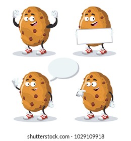 set of cartoon chocolate chips cookie mascot on white background