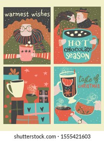 Set of cartoon christmas cards with winter beverages