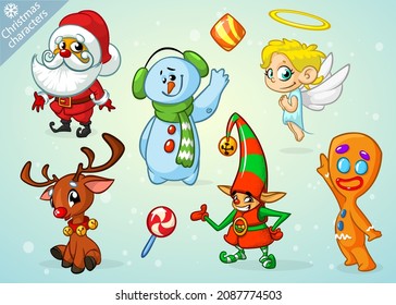 Set of cartoon Christmas characters. Illustrations of Santa Claus, reindeer, elf, snowman, angel. Vector isolated
