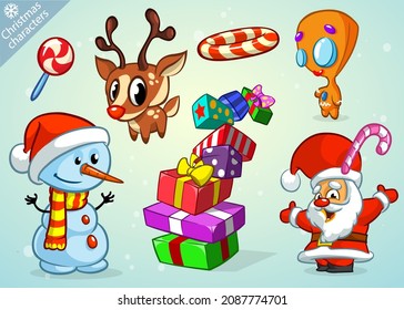 Set of cartoon Christmas characters. Illustrations of Santa Claus, reindeer, elf, snowman, angel. Vector isolated