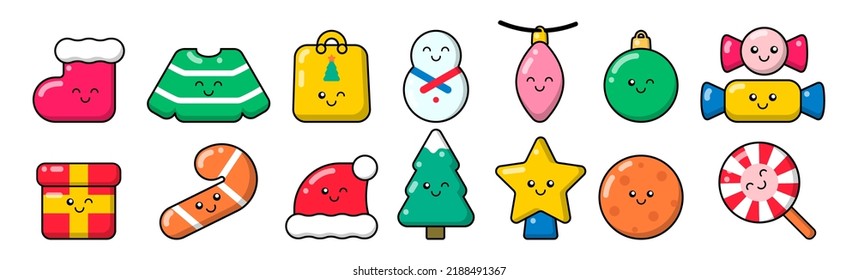 Set of cartoon Christmas characters in kawaii style. Vector cute flat doodles: Christmas tree, snowman, candy, cookies, hat and sock, gift, gift wrap, sweater, star, toys, lollipop. New Year, holiday.