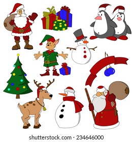 Set of cartoon Christmas characters. Santa Claus,   snowmen, deer, elf, penguins, Christmas tree and holiday presents.