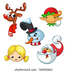 Set of cartoon Christmas characters. Vector cartoon head icons of Santa Claus, reindeer, elf, snowman and angel