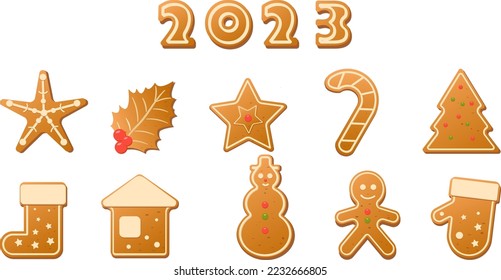 Set of cartoon Christmas cookies gingebread on white background, isolated. 