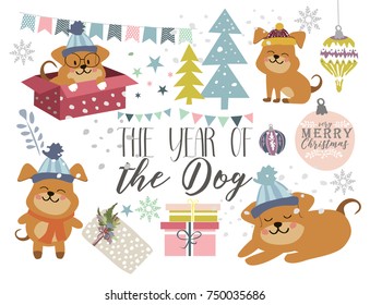 Set of cartoon Christmas dogs