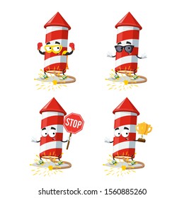 set of cartoon christmas firecracker with a burning wick character mascot on white background