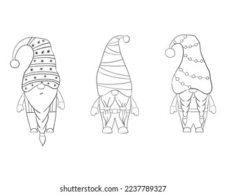 A set of cartoon Christmas gnomes for a coloring book. Linear design for children's coloring pages