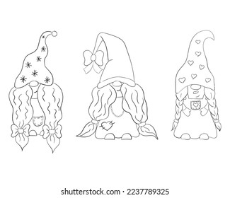 A set of cartoon Christmas gnomes girls for coloring books. Linear design for children's coloring pages