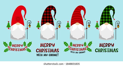 Set of cartoon Christmas gnomes in a red and plaid hats with a trees, text, lanterns. Vector characters. Holiday symbols. Cute illustrations. For postcards, invitations, flyers. Isolated on blue.