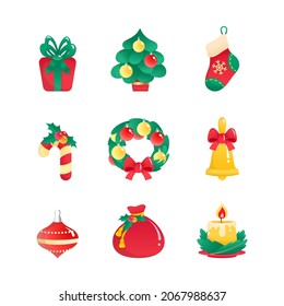 Set of cartoon Christmas icons. Collection of winter holiday symbols: a gift box, a fir tree, a sock, a wreath, a bell, a christmas ball, a Santa Claus bag and a candle. 