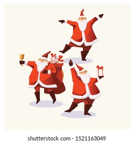 Set of cartoon Christmas illustrations. Funny happy Santa Claus character with gift, bag with presents, waving and greeting. For Christmas cards, banners, tags and labels.