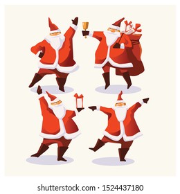 Set of cartoon Christmas illustrations. Funny happy Santa Claus character with gift, bag with presents, waving and greeting. For Christmas cards, banners, tags and labels.