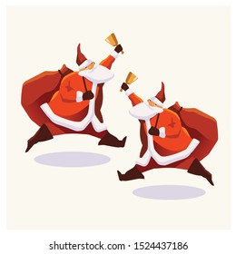 Set of cartoon Christmas illustrations. Funny happy Santa Claus character with gift, bag with presents, waving and greeting. For Christmas cards, banners, tags and labels.