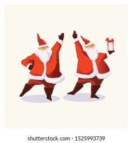 Set of cartoon Christmas illustrations. Funny happy Santa Claus character with gift, bag with presents, waving and greeting. For Christmas cards, banners, tags and labels.